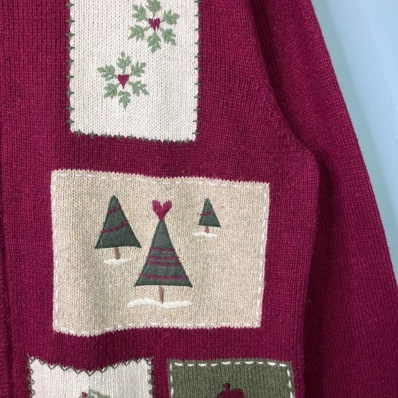 Croft & Barrow Wool Angora Snowman Christmas Tree Burgundy Full Zip Sweater Sz L - Picture 7 of 16
